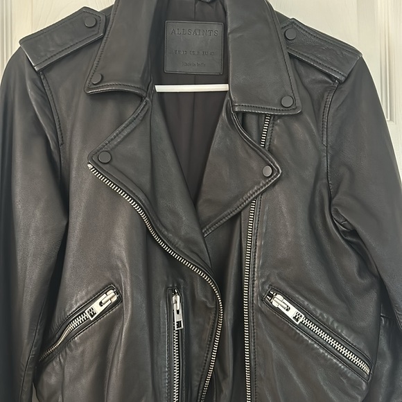 All Saints Balfern Black Biker Cropped Belted Leather Jacket $528. - Picture 2 of 6